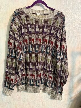 Men's Multicolor Geometric Crewneck Sweater - Jewel Tone Accent, Vintage, Sz L